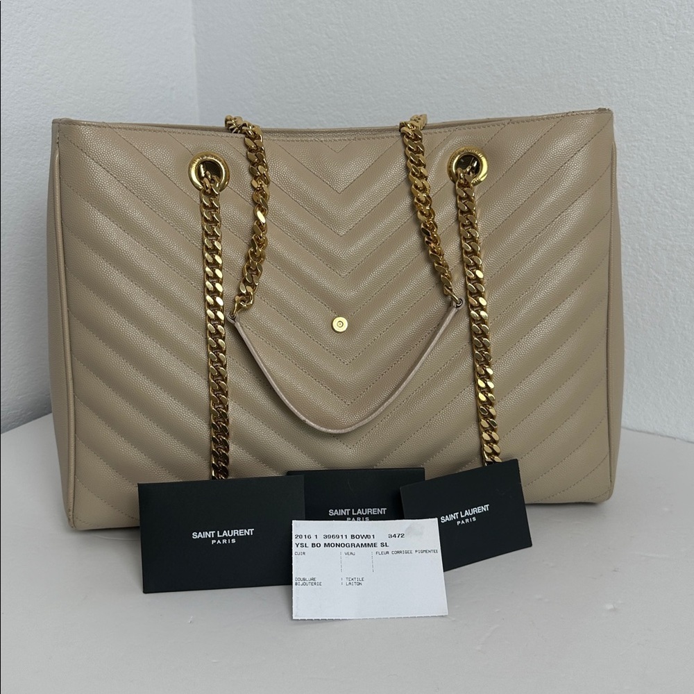 Saint Laurent YSL Monogram Chevron Shopping Tote – Beige with Gold Hardware - Picture 13 of 17